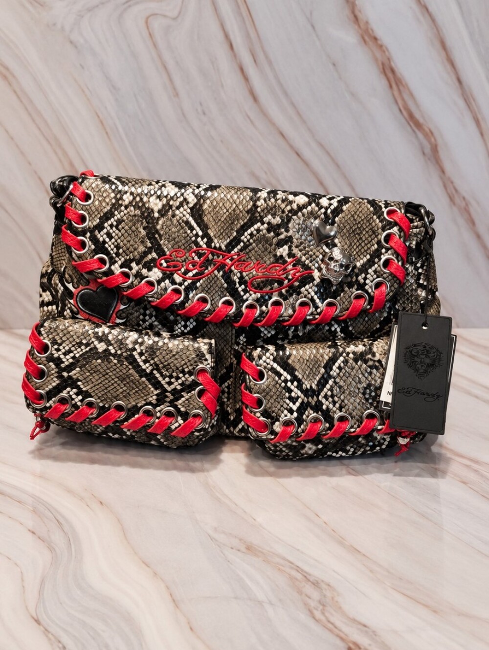 Ed Hardy Black & White Snake-Print Hobo with Red Trim and Crystal Heart Motif